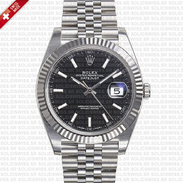 Rolex Datejust 41 Jubilee Black Dial Stick Markers 904l Steel 18k White Gold Fluted Bezel 41mm Ref.126334 Swiss Replica Super Clone